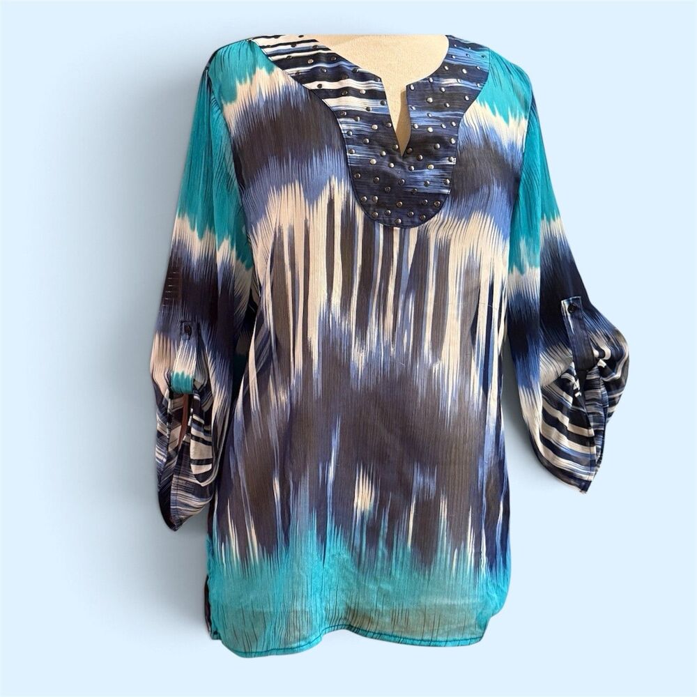 Vtg Tunic Blouse Women Multi Blue Lightning Beaded V-neck 3/4 SHEER Boho Goth L